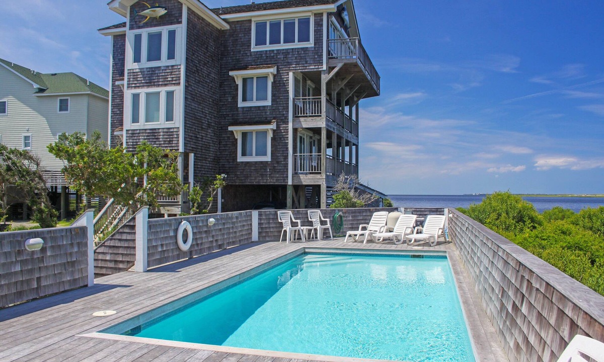 Buxton House | Waterfront house with private hot tub, pool, sound view, & AC - walk to dining