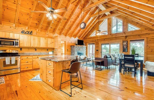 Mills River House | Lakefront Cabin & Cozy Lakeview Cottage: firepit, wet bar, dock