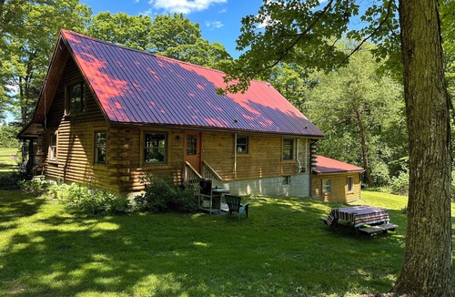 Prattsburgh Cabin | Log Cabin on 8 acres with Private fishing pond + Fire Pit - Sleeps 8