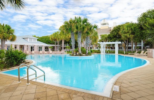 Baytowne Wharf Condo | New! Studio with Covered Balcony, Tropical Pool Views, Hot Tub, Tram