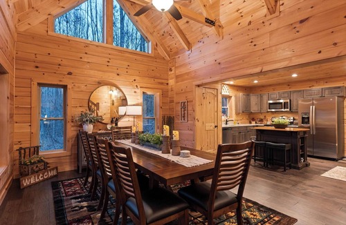 Elk Park Cabin | Private lakefront cabin with mountain views/hot tub/firepit/game room/hiking/etc