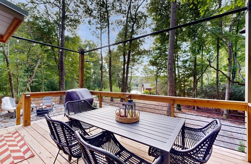 Mills River Cabin | Tiny House near Asheville | Lake Views, Fire Pit, Large Deck