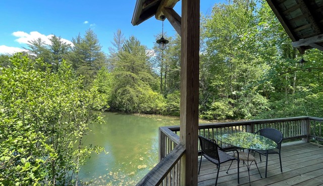 Beautiful Log Cabin nestled on pond w/balcony for sunsets and stargazing.