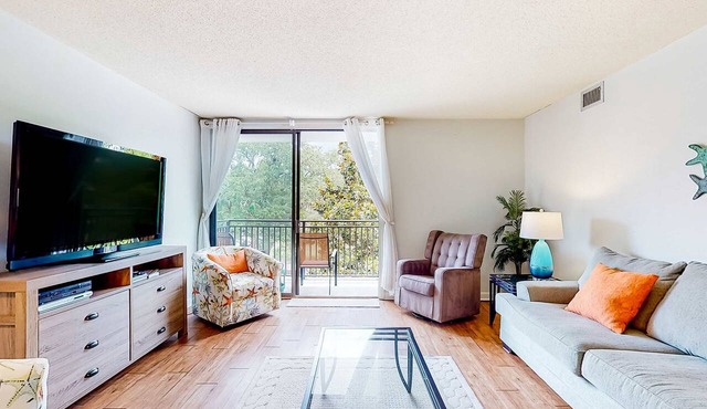 Dog friendly coastal condo water views, balcony, WD, & AC