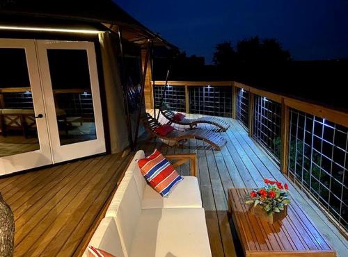 Scenic Hill Country Safari Tent Retreat with Hot Tub near Lake Travis in Marble Falls, Texas