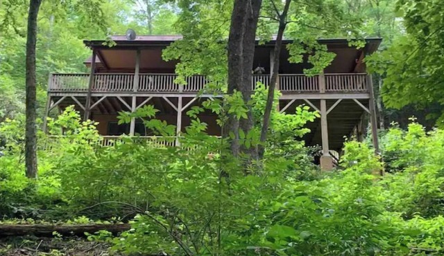 Spacious suite surrounded by nature with living room, fireplace, porch, fire pit