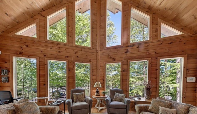Waterfront Log Cabin with Boathouse, sandy beach and firepit on Lake Anna